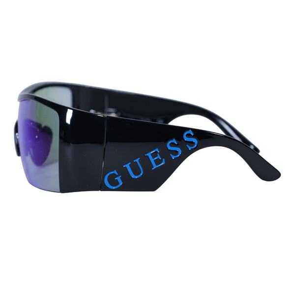 Guess Shield Wraparound Sunglasses - Shiny Black / Mirror Blue - NWT - Picture 3 of 12